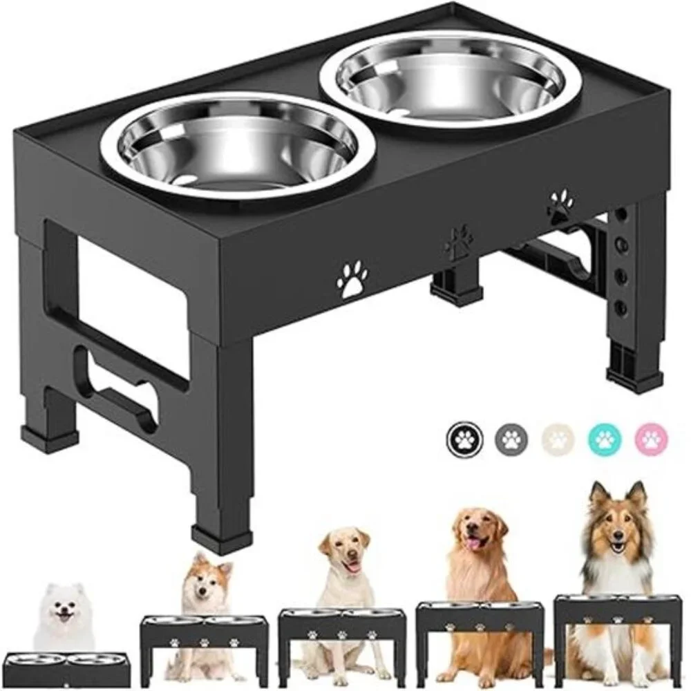 Elevated Dog Bowls with 2 Stainless Steel Dog Food Bowls 5 Height Adjustable